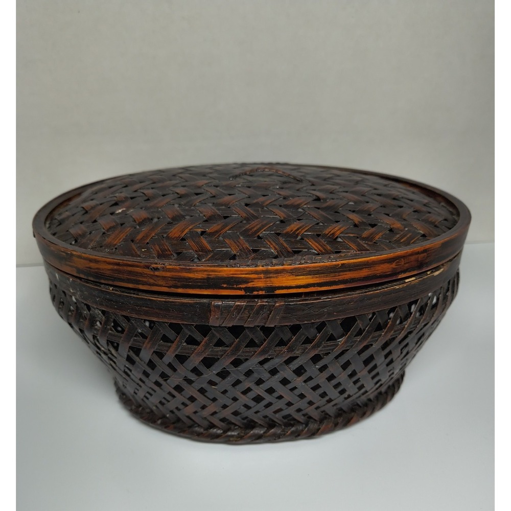 Woven Bamboo Oval Storage Basket Box Container W Lid Herringbone Weave Lacquered
